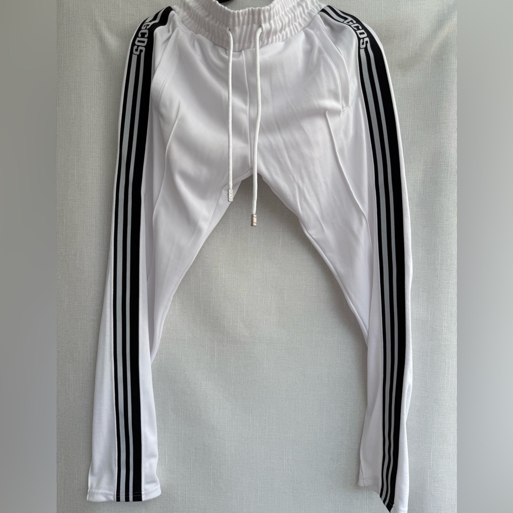 New Men's GCDS White Track Pants with Black Stripes